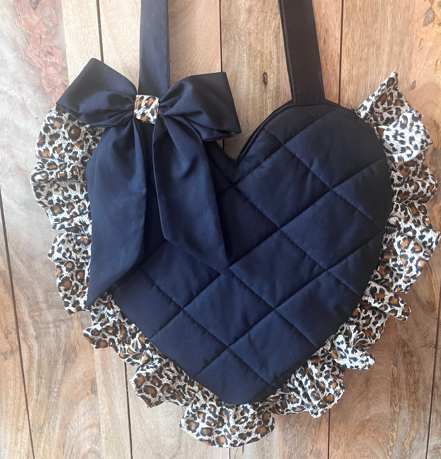 XL Black Leopard Print Frill Heart Tote Bag (with bow)