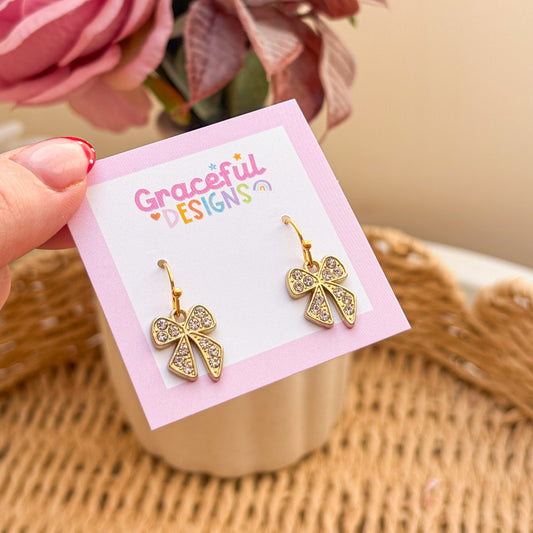 Gold Rhinestone Bow Earrings