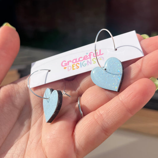 Blue Sparkle Heart Hoops