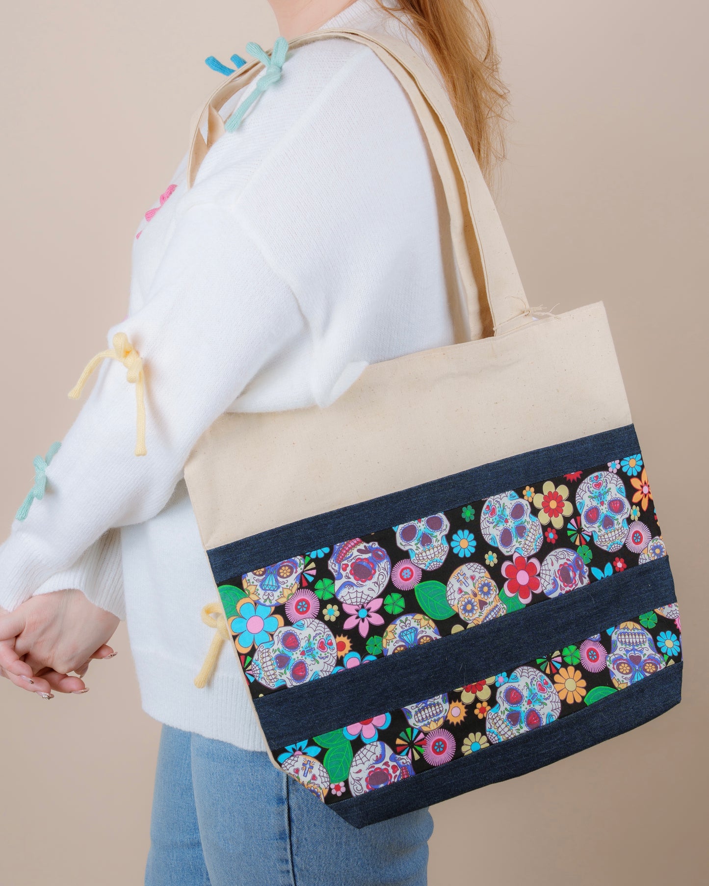 Sugar Skull Tote Bag // canvas + jeans tote