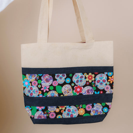 Sugar Skull Tote Bag // canvas + jeans tote