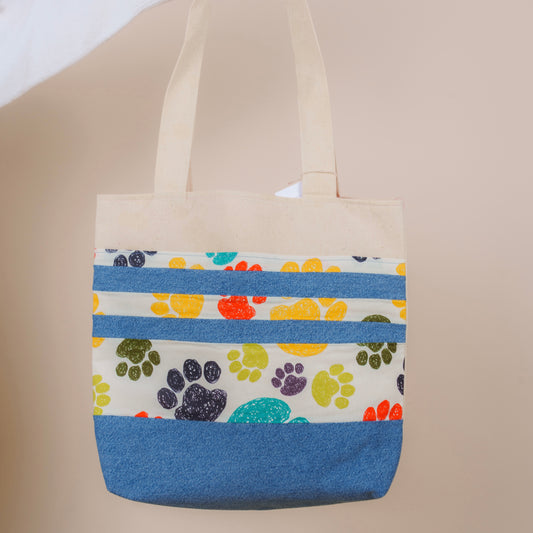 Paw Print Tote Bag // canvas + jeans tote