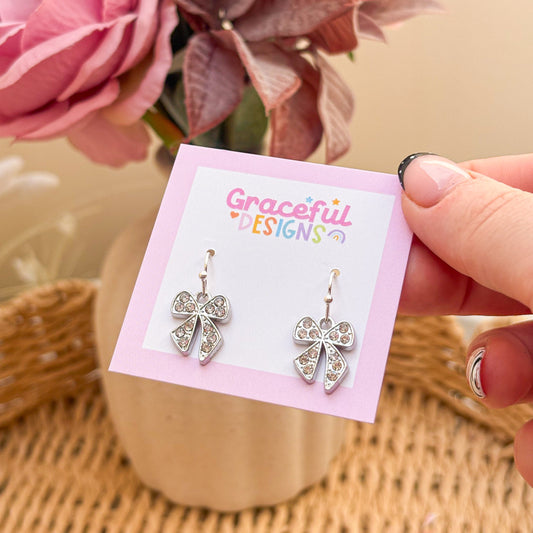Silver Rhinestone Bow Earrings