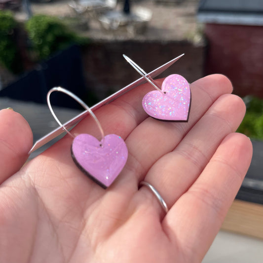 Pink Sparkle Heart Hoops