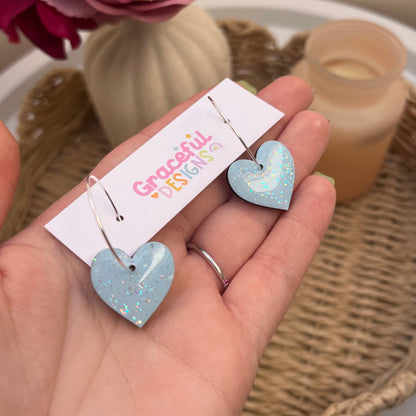 Blue Sparkle Heart Hoops