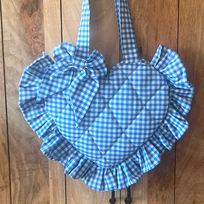 Small Blue Gingham Frill Heart Tote Bag (with bow)