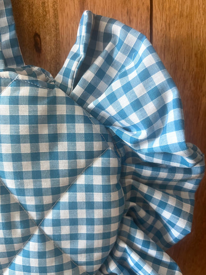 Small Blue Gingham Frill Heart Tote Bag (with bow)