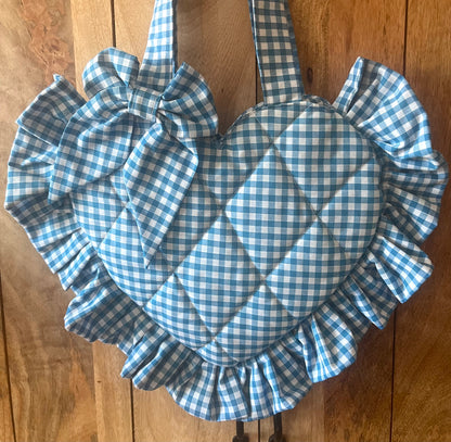 Small Blue Gingham Frill Heart Tote Bag (with bow)