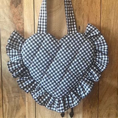 Small Black Gingham Frill Heart Tote Bag
