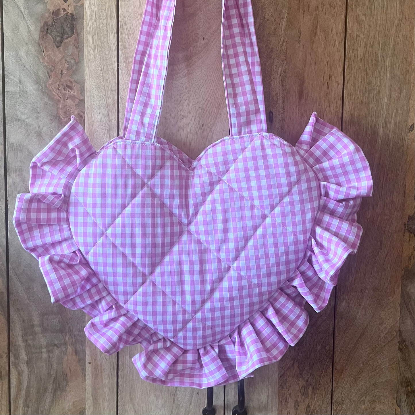 Small Pink Gingham Frill Heart Tote Bag