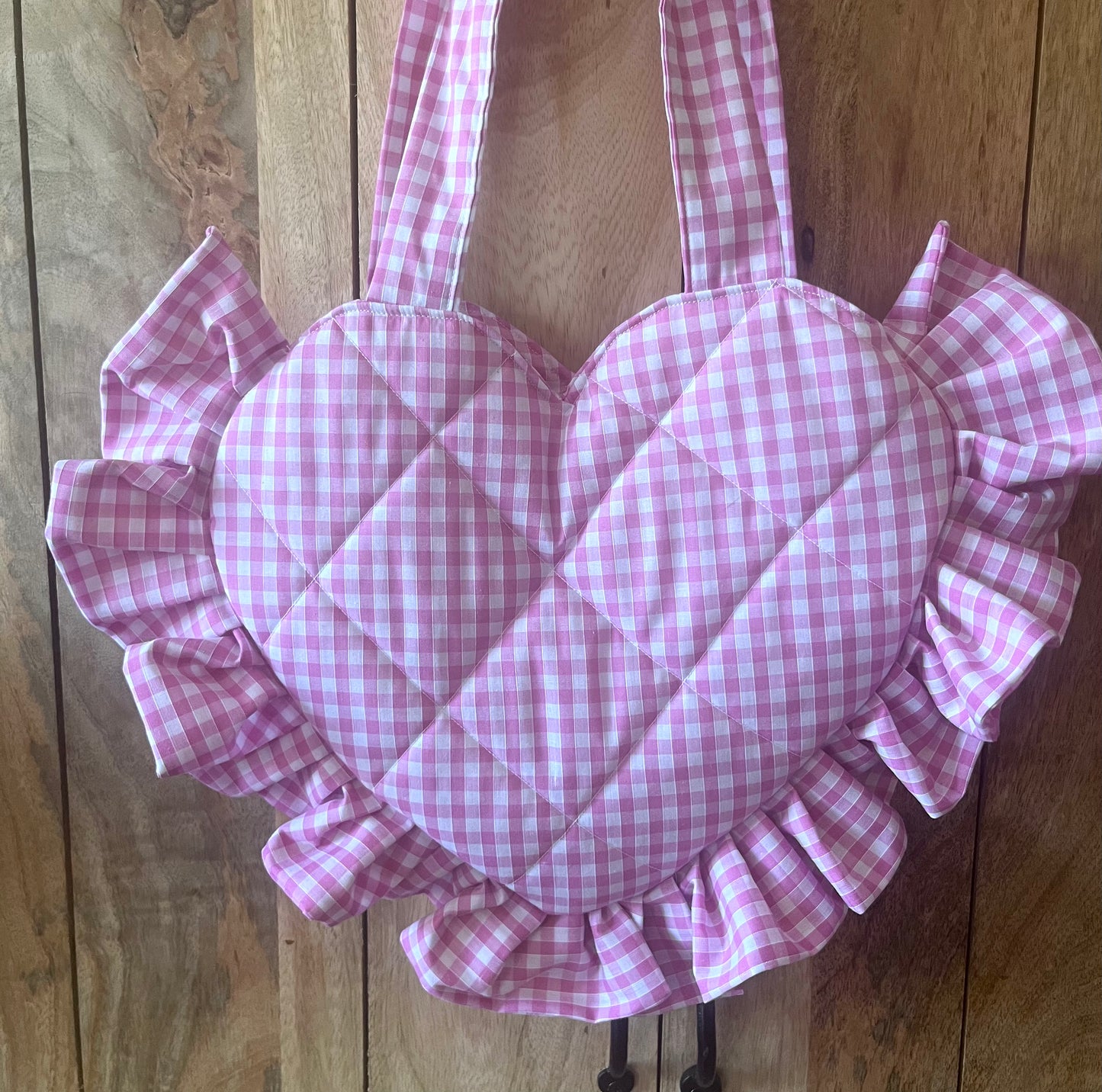 Small Pink Gingham Frill Heart Tote Bag