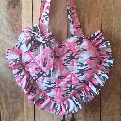 Small Pink Camo Frill Heart Tote Bag (with bow)