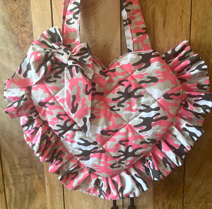 Small Pink Camo Frill Heart Tote Bag (with bow)