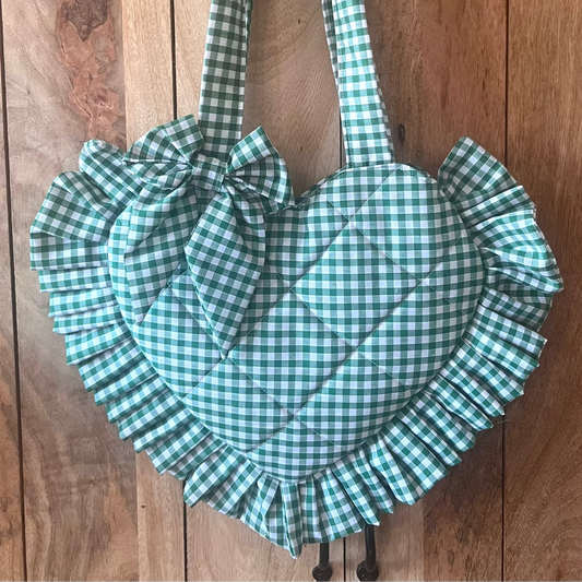 Small Green Gingham Frill Heart Tote Bag (with bow)