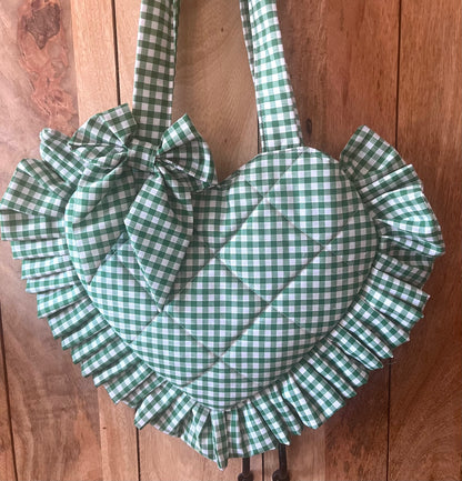 Small Green Gingham Frill Heart Tote Bag (with bow)