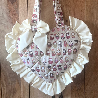 Small Cream Pattern Frill Heart Tote Bag (with bow)