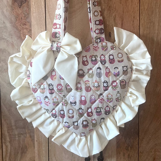 Small Cream Pattern Frill Heart Tote Bag (with bow)