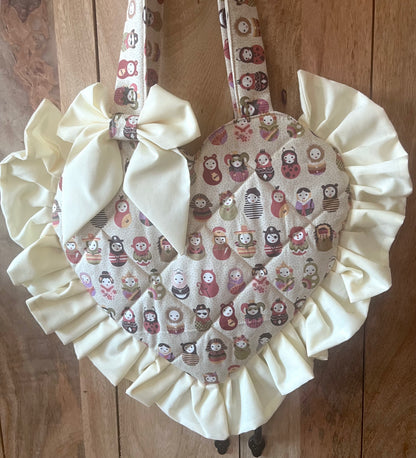 Small Cream Pattern Frill Heart Tote Bag (with bow)