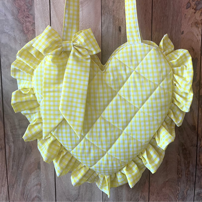 XL Yellow Gingham Frill Heart Tote Bag (with bow)