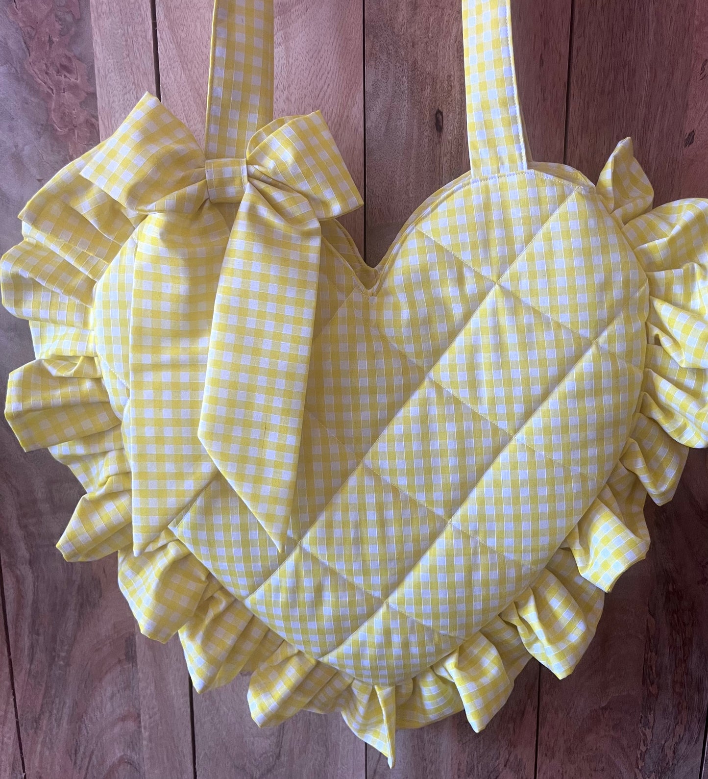 XL Yellow Gingham Frill Heart Tote Bag (with bow)