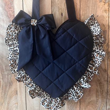 XL Black Leopard Print Frill Heart Tote Bag (with bow)