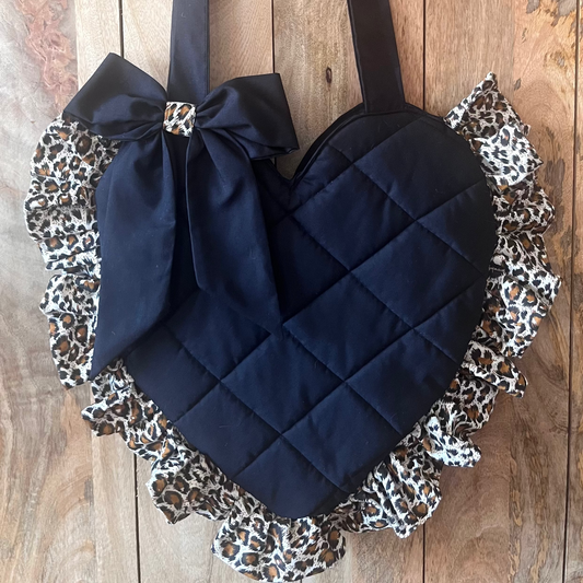 XL Black Leopard Print Frill Heart Tote Bag (with bow)