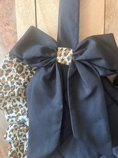 XL Black Leopard Print Frill Heart Tote Bag (with bow)