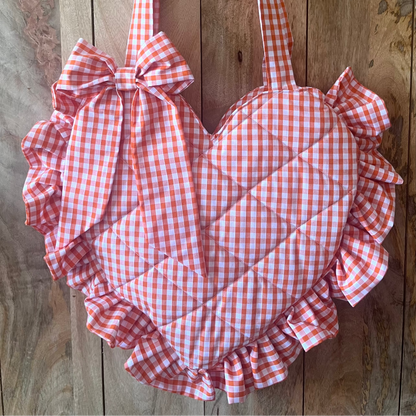 XL Orange Gingham Frill Heart Tote Bag (with bow)