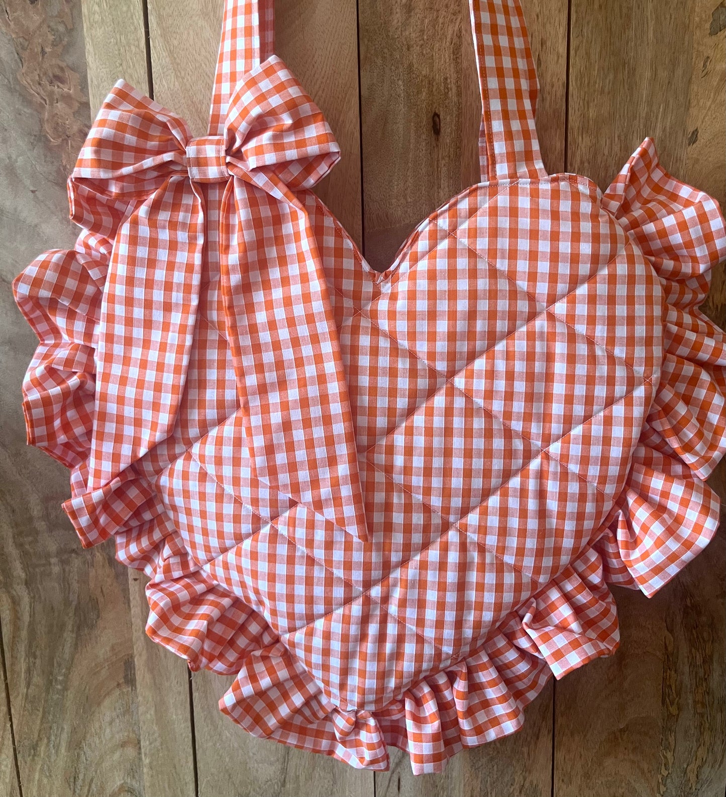 XL Orange Gingham Frill Heart Tote Bag (with bow)