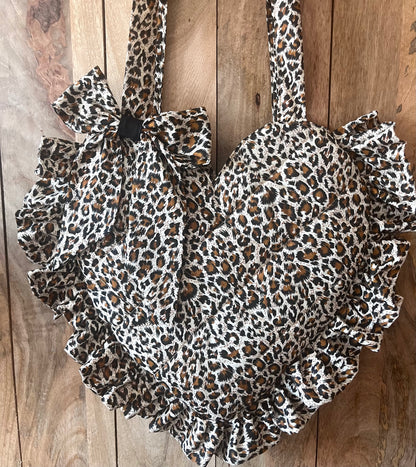 XL Leopard Print Frill Heart Tote Bag (with bow)