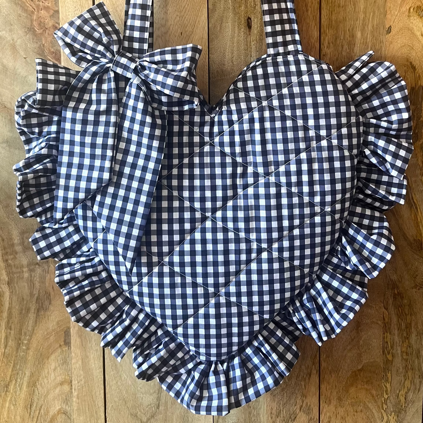 XL Black Gingham Frill Heart Tote Bag (with bow)