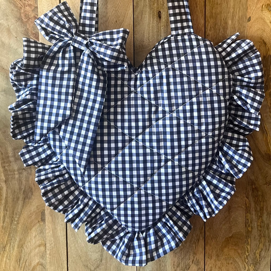XL Black Gingham Frill Heart Tote Bag (with bow)