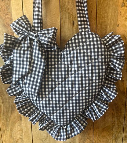 XL Black Gingham Frill Heart Tote Bag (with bow)