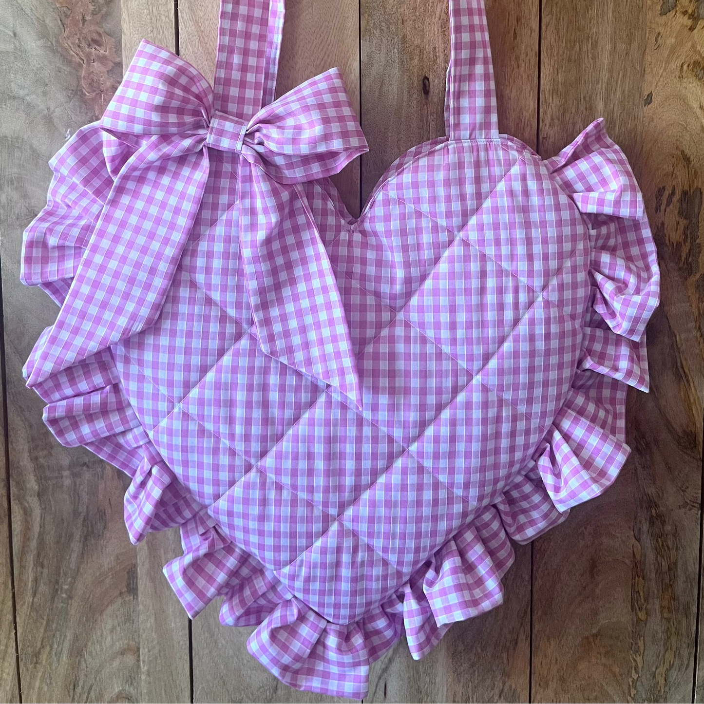 XL Pink Gingham Frill Heart Tote Bag (with bow)