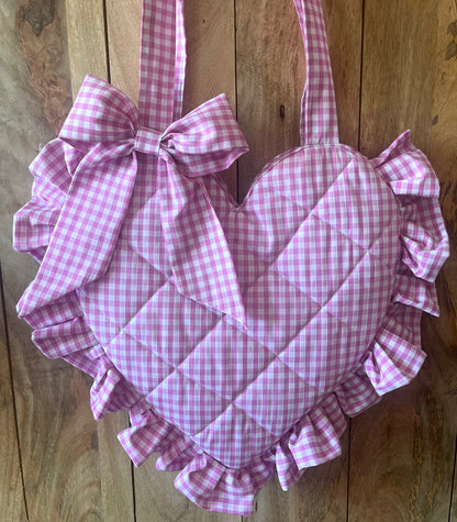 XL Pink Gingham Frill Heart Tote Bag (with bow)