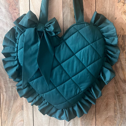 XL Dark Green Frill Heart Tote Bag (with bow)