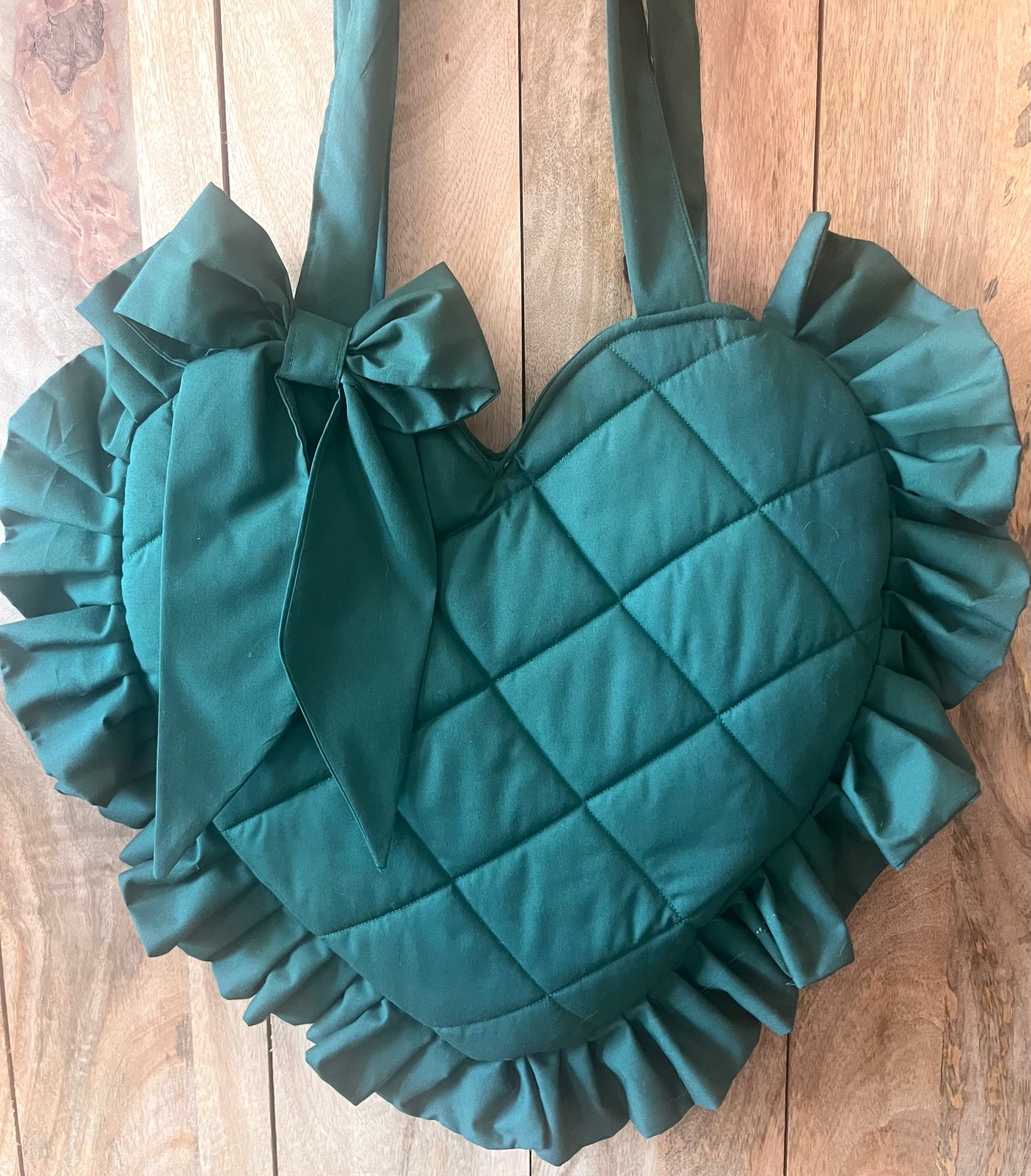 XL Dark Green Frill Heart Tote Bag (with bow)