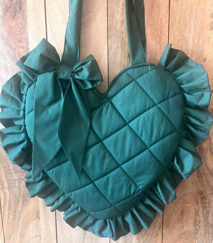 XL Dark Green Frill Heart Tote Bag (with bow)