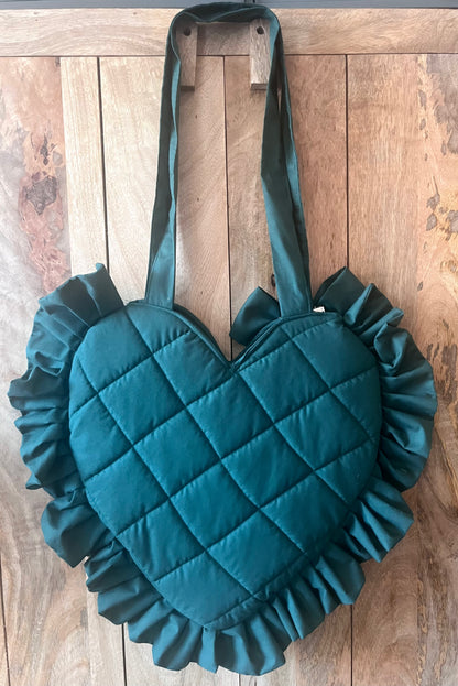 XL Dark Green Frill Heart Tote Bag (with bow)