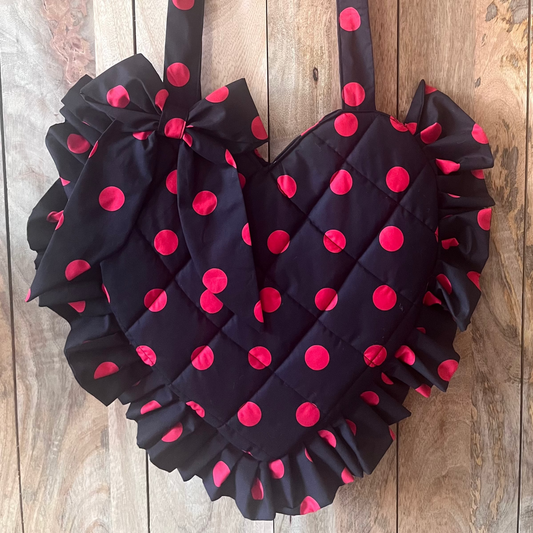 XL Red Polka Dot Frill Heart Tote Bag (with bow)