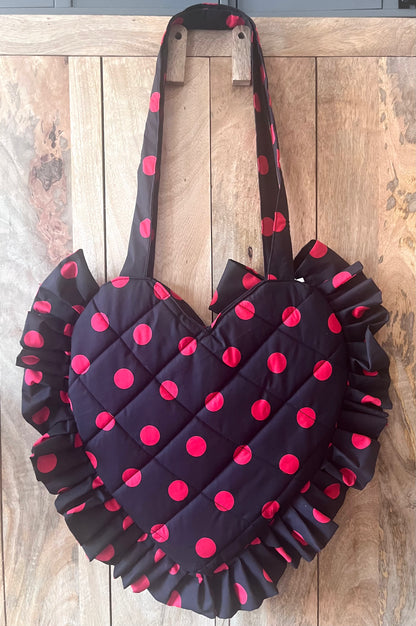 XL Red Polka Dot Frill Heart Tote Bag (with bow)