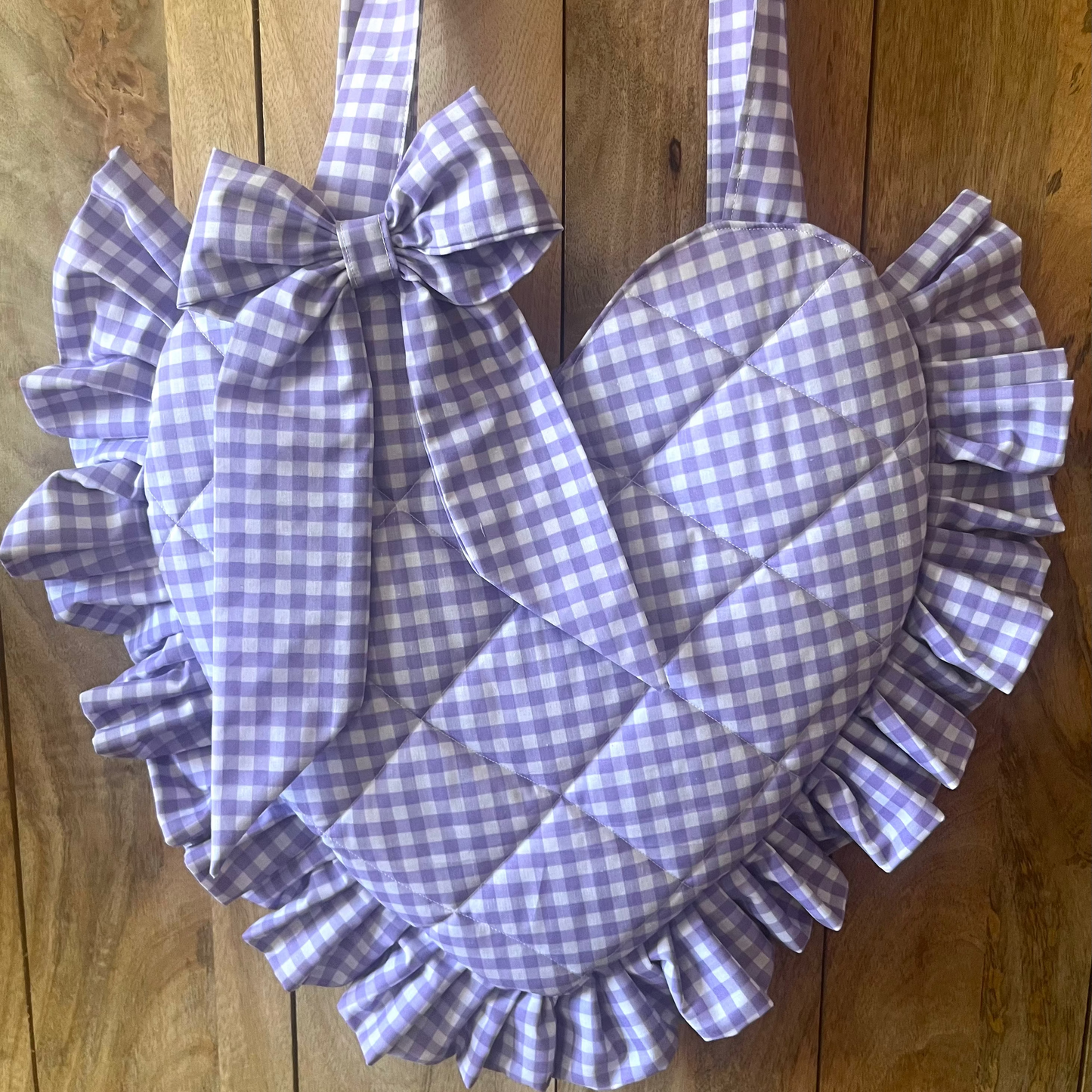 X Lilac Gingham Frill Heart Tote Bag (with bow)