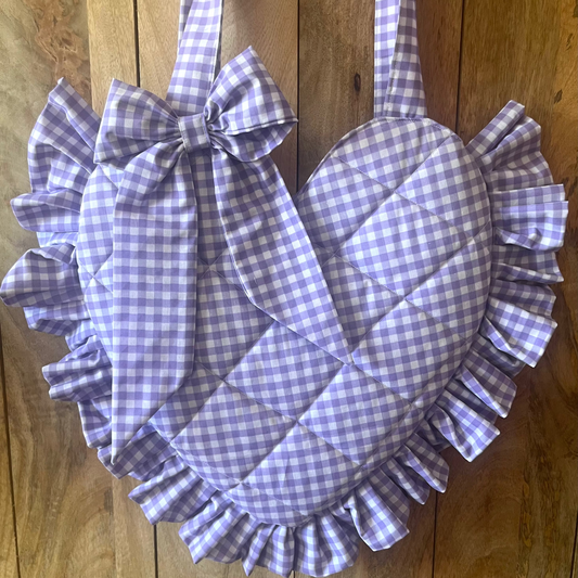 X Lilac Gingham Frill Heart Tote Bag (with bow)