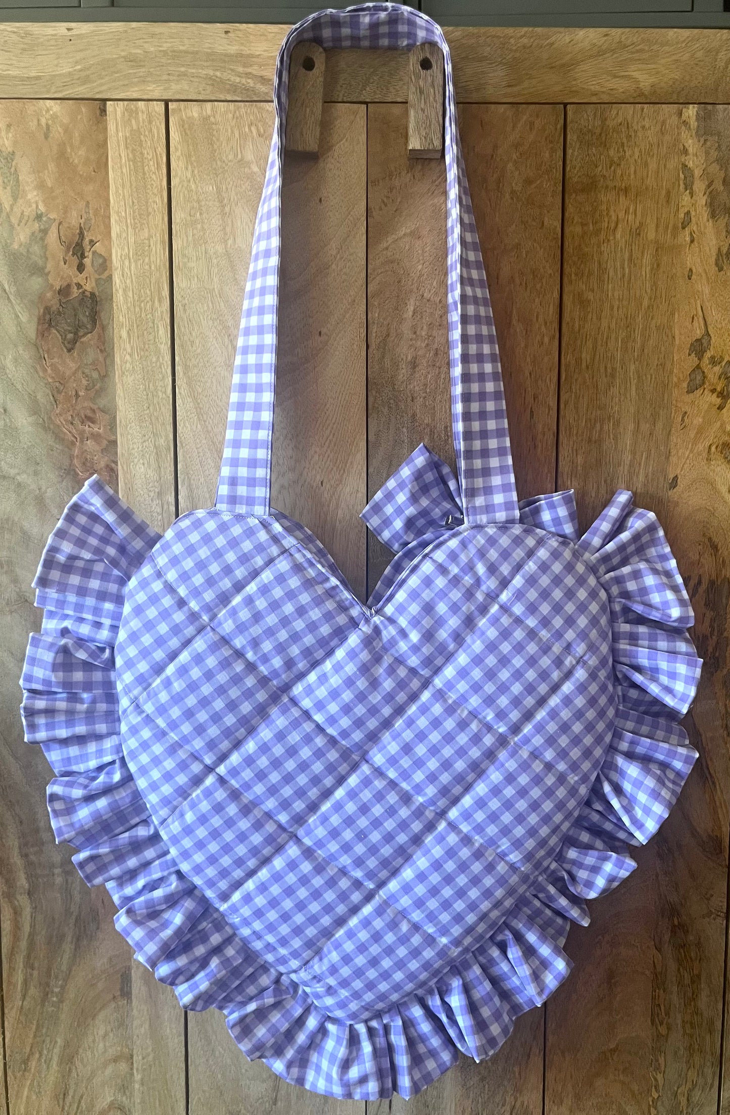 X Lilac Gingham Frill Heart Tote Bag (with bow)