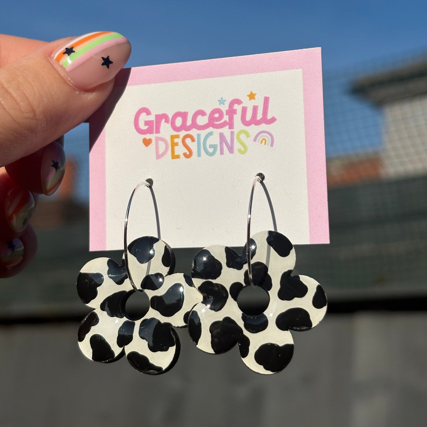Cow Print Flower Hoops