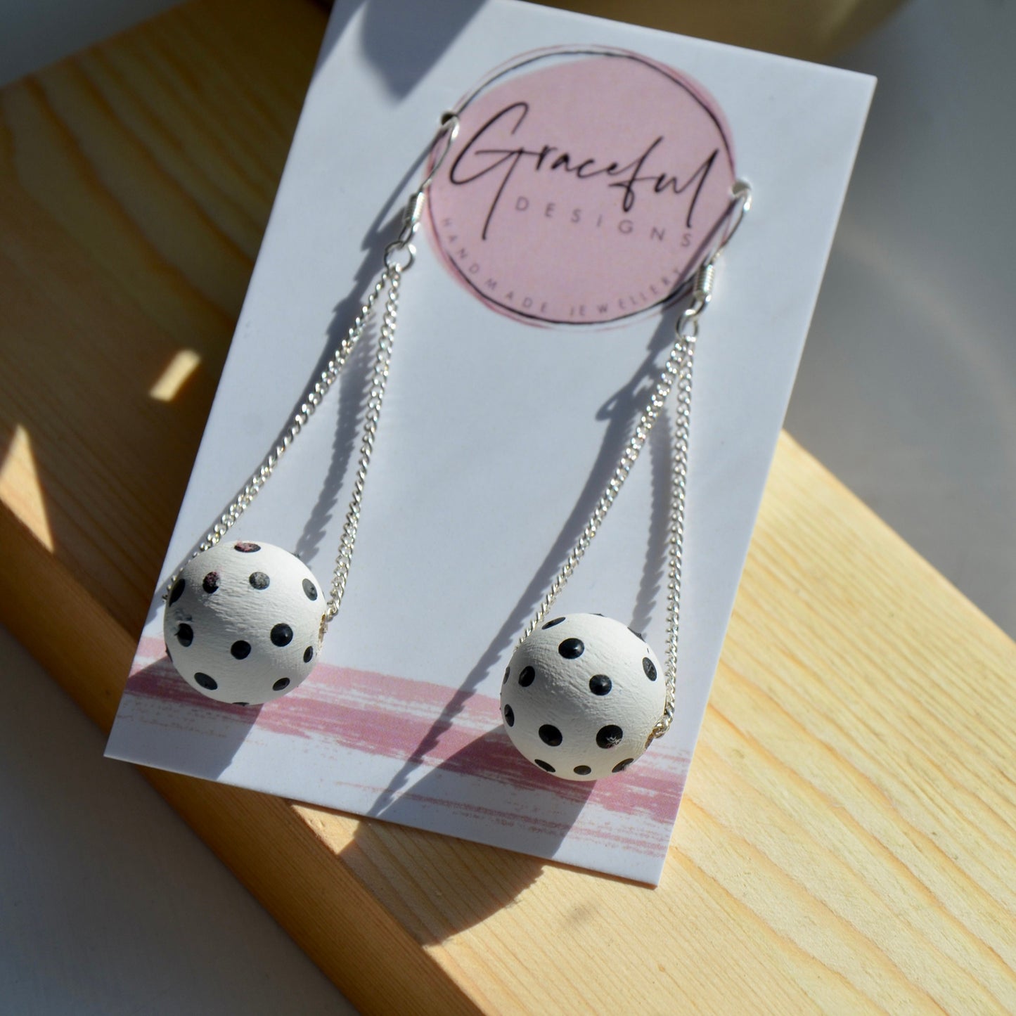 White Polka Dot Chain Earrings